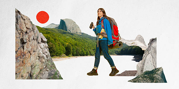 istock Young woman with backpack and binoculars exploring nature, hiking through wild landscapes. Contemporary art collage 2205993991