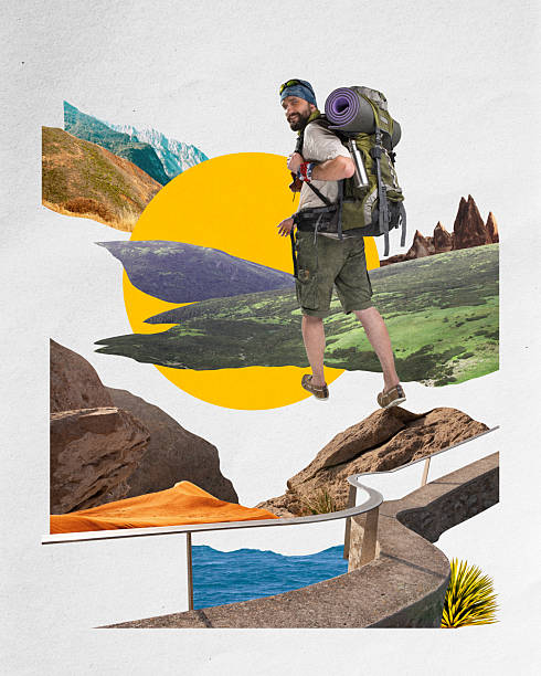 istock Man with backpack and rolled-up mat exploring surreal landscape, walking towards roads and mountains with excitement. Contemporary art collage. 2205994000
