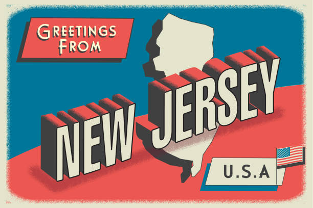 Vector illustration of a Greetings from USA retro postcard design layout with 3D vintage tourism style text design. State map. Red and blue color palette with American flag. All fonts outlined. Download includes vector eps and high resolution jpg.