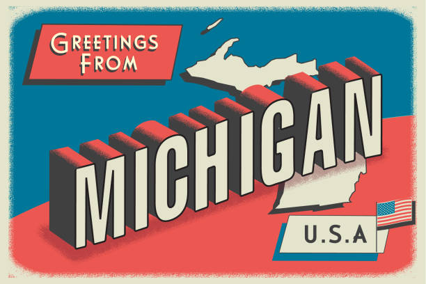 Vector illustration of a Greetings from USA retro postcard design layout with 3D vintage tourism style text design. State map. Red and blue color palette with American flag. All fonts outlined. Download includes vector eps and high resolution jpg.