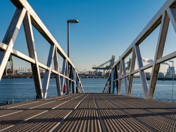 Industrial  mooring for ships in Rotterdam  with the harbour skyline
