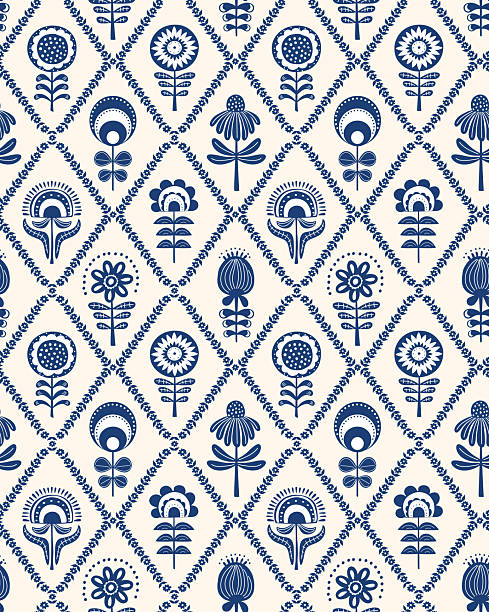hand drawn scandi retro folk art flowers blooms in floral diamonds seamless pattern, vector illustration repeat design print