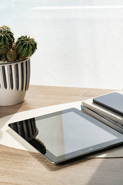 istock Minimalist Workspace with a Potted Cactus, Notebook, Tablet and Smartphone. 2206023427