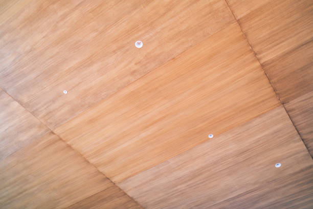 Aesthetic modern contemporary wooden ceiling with lamp interior with subtle lighting fixture