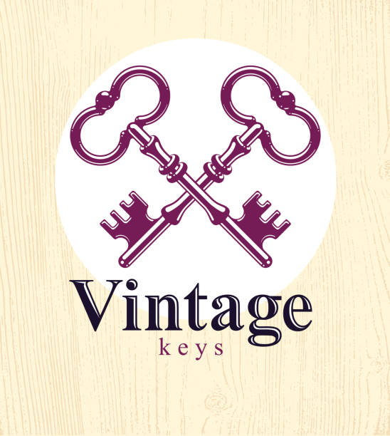 Crossed keys, protected secret, electronic data protection, keys to heaven, hotel label, vintage antique turnkeys vector logo or emblem.