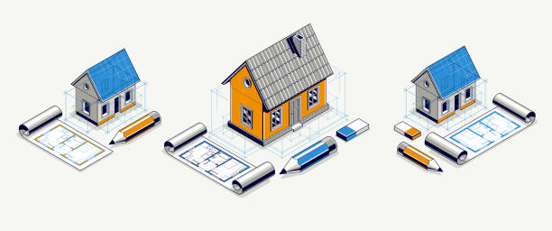istock Country or town house project concept set, 3D isometric vector illustration of a small house building project, countryside small house in village or outskirt. 2206031447