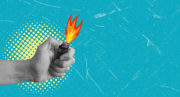 Art collage showing a hand with a lighter isolated on a blue background. Concept of modern art collage, copy space,