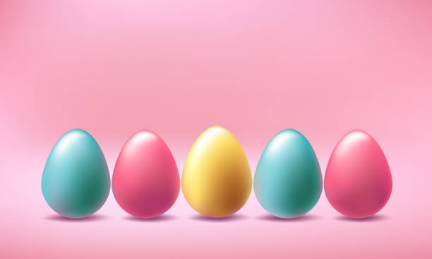 istock Happy Easter 3d vector background. Metal colored golden, blue chocolates in soft pink pastel scene. Spring greeting card, realistic podium design. April mini header illustration, gift concept render 2206036658