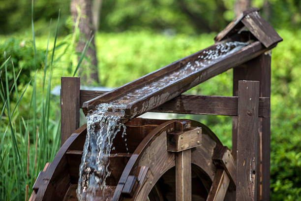 istock flowing water and water wheel at the park 2206039997