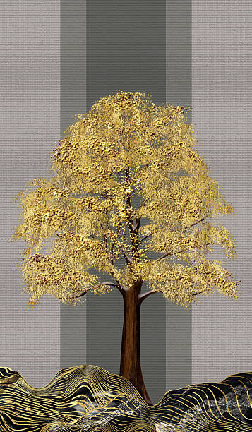 istock Vertical illustration decorative wallpaper canvas art. 3d golden tree and marble mountains on gray background. artwork home interior decoration 2206039999