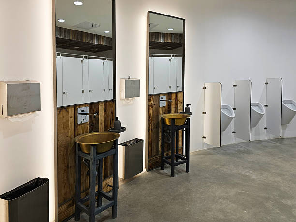 istock Bathroom interior with copper and ceramic sanitary ware. Oval ceramic urinal. Public place for relieving needs. Ceramic product for home. Saving running water in everyday life. Designer for toilet 2206042904