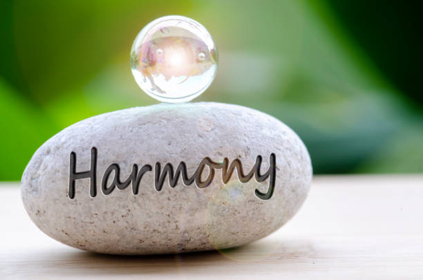 istock Close up of Zen stone with Harmony text on the stone 2206043659