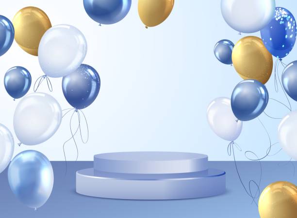 istock Realistic golden and blue inflated balloons with round podium 3d vector background, air decoration for festive events 2206043818