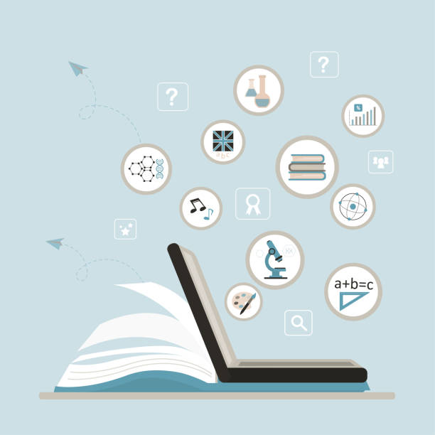 istock Open textbook and laptop with school subject pictograms. Online education concept with many subject such as math, science, art, chemistry and languages. 2206044223