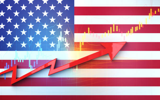 istock Red Arrow Moving Forward on American Flag Financial Chart Background 2206058778