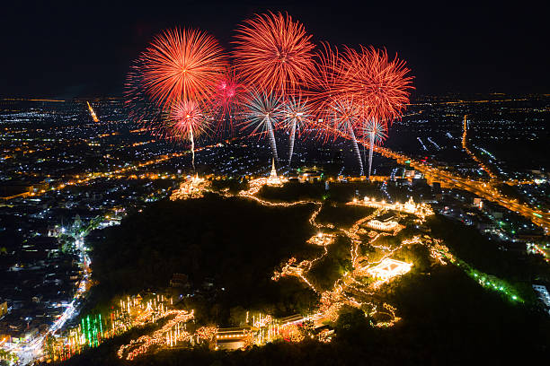 Phra Nakorn Kiri firework festival at night in Phetchaburi, Thailand. stock photo