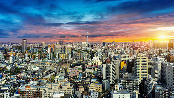 Panorama of Tokyo cityscape at sunset in Japan. stock photo