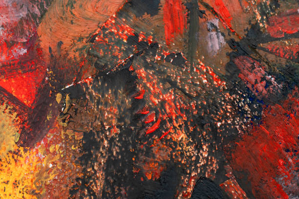 A close-up of an abstract painting featuring bold strokes of red, orange, and black. The thick, textured paint creates a dynamic and expressive composition, evoking energy and intensity. The contrast between warm and dark colors adds depth and complexity to the artwork.