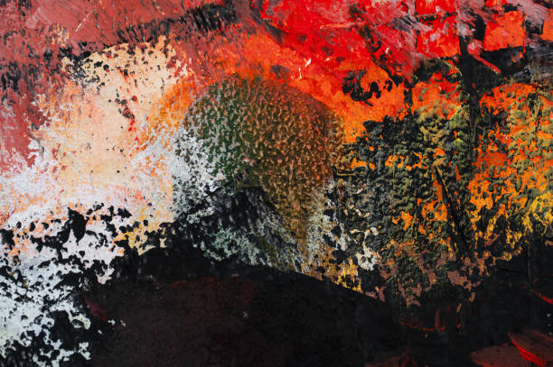 A close-up of an abstract painting featuring bold strokes of red, orange, and black. The thick, textured paint creates a dynamic and expressive composition, evoking energy and intensity. The contrast between warm and dark colors adds depth and complexity to the artwork.