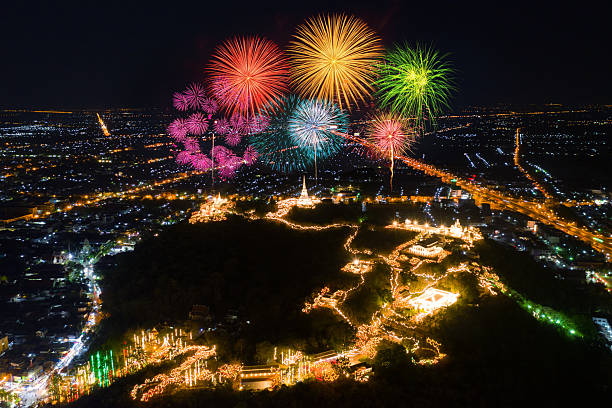 Phra Nakorn Kiri firework festival at night in Phetchaburi, Thailand. stock photo