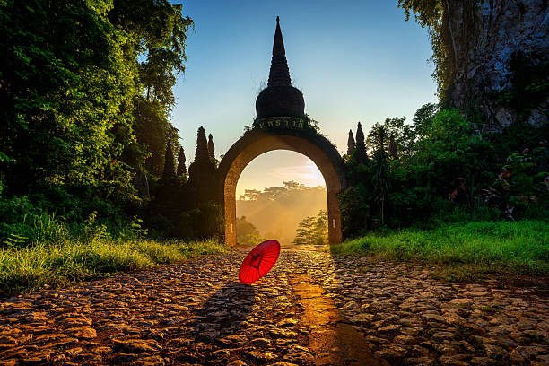 Gate of Khao Na Nai Luang Dharma Park at sunrise in Surat Thani, Thailand. stock photo