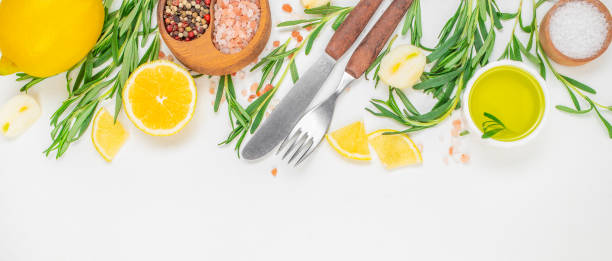 istock Cooking long background with spices and vegetables. Top view. space for text 2206060567