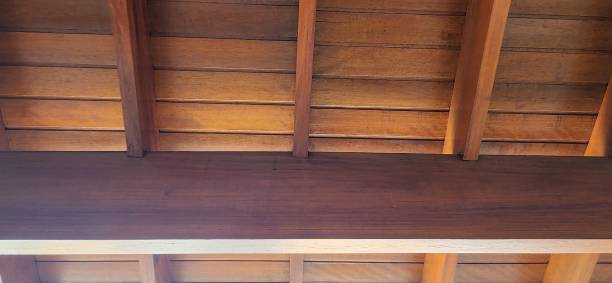 istock With its linear design, the slatted wooden ceiling adds texture and depth to the space. The slats create a dynamic visual effect, providing lightness and sophistication, while also improving acoustics and climate control. 2206061304