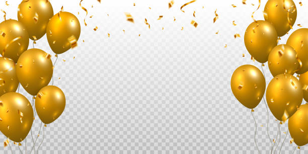 istock Beautiful celebration party vector with golden falling confetti and flying balloons on transparent background. 2206065678