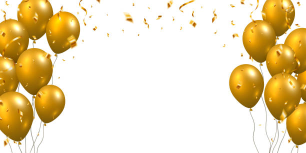 istock Beautiful celebration party vector with golden falling confetti and flying balloons on white background. 2206065746
