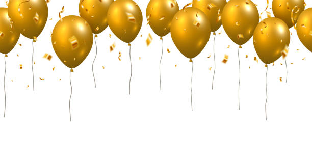 istock Beautiful celebration party seamless vector with golden falling confetti and flying balloons on white background. 2206065915