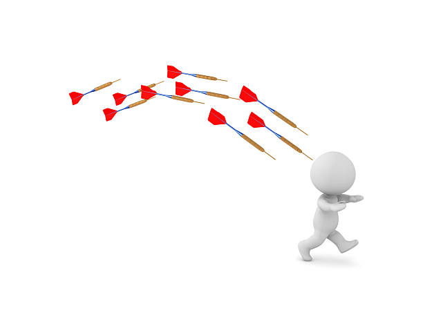 3D Character Running Away From Dart Arrows. Isolated on white background.