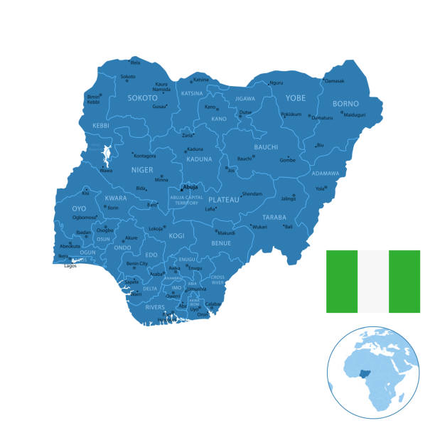 nigérie - podrobná mapa s regiony a městy země. - kano stock ilustrace