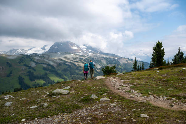 istock Couple hike pathway in mountain meadow 2206074433