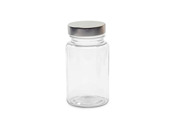 Empty transparent glass jar with metal cap on white background