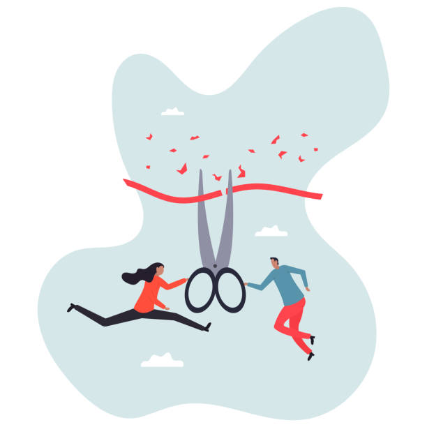 istock Cut ribbon to start new business, startup launch new product ceremony or great beginning celebration event,character for design 2206076347