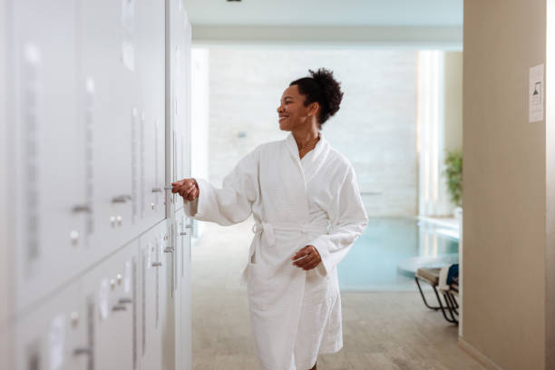 istock Latin woman in a spa locker area 2206078043