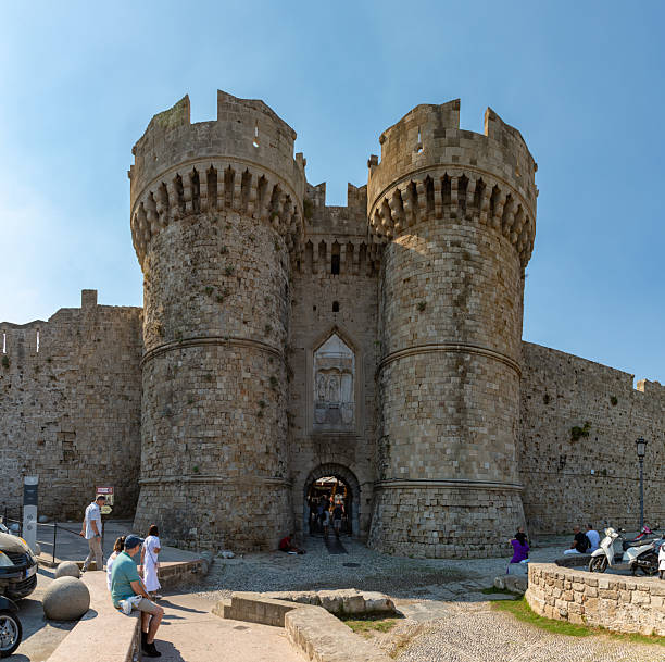 Rhodes City, Rhodes, Greece - October 19, 2024: A picture of the Sea Gate, part of the Medieval Rhodes City Walls.