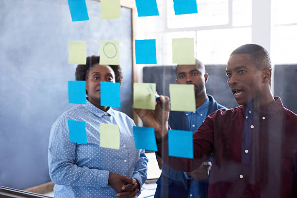 istock African businesspeople brainstorming with sticky notes on a glass wall 2206083897