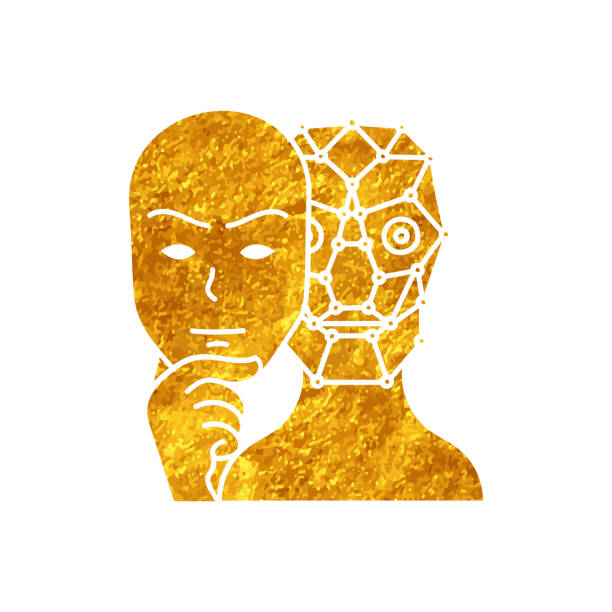 istock Deep fake concept robot wearing human face mask drawing in gold color style 2206084449