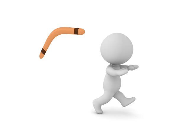 3D Character running away from a boomerang. 3D Rendering isolated on white.