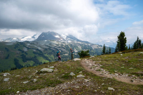 istock Couple hike pathway in mountain meadow 2206089400