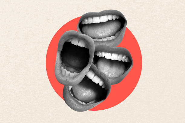 Contemporary art collage featuring screaming mouths. Communication concept, public opinion, public speaking, society, media. Message