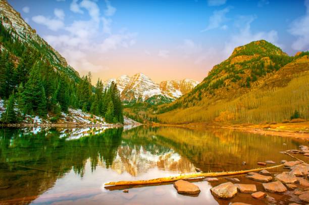 Mountain-Maroon Bells with alpine lake-Aspen Colorado