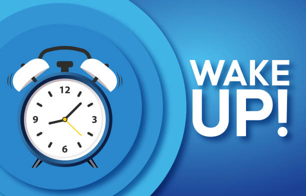 Retro Alarm Clock Wake Up Message Blue Background Stylish illustration retro alarm clock next motivational 'Wake Up' message. waking up stock illustrations