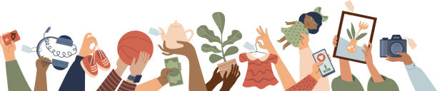 Marketplace Concept  Hands Holding Pre-Owned Items for Sale, Promoting Sustainable and Eco-Friendly Shopping. Flat vector illustration