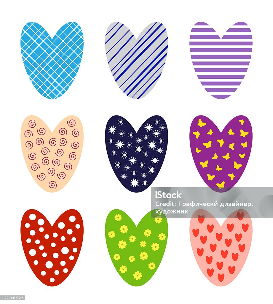Set Of Multicolored Vector Hearts In Color Patterns Stock Illustration ...