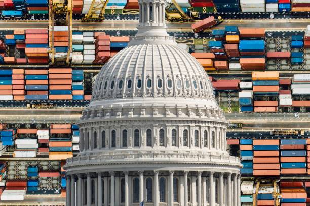 istock Container ship loading and unloading in sea port and government policy 2206116892
