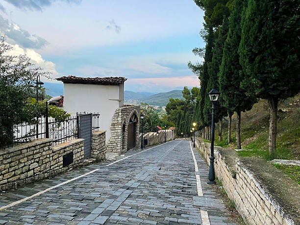 istock Stone pathway leading to a building with an archway and trees in the background 2206123511