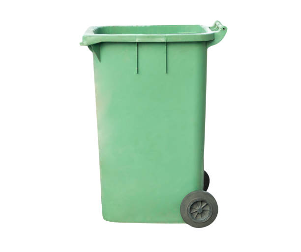 istock Old big green wheeled gabage can or garbage bin in vertical isolated on white background with clipping path 2206124457