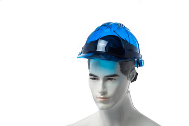 An elegant blue hard hat is presented on a mannequin's head, highlighting the importance of safety in construction and industrial environments for workers and professionals alike.